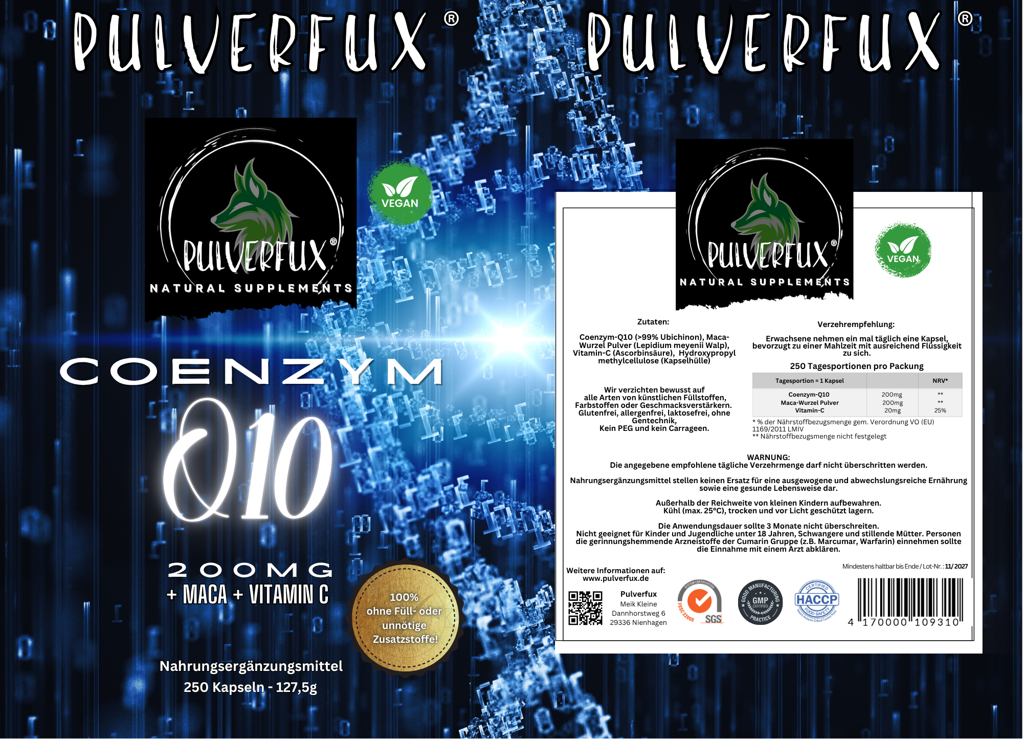 Pulverfux Coenzym Q10 (99% Ubichinon)+ Vitamin C + Maca 250 Kapseln