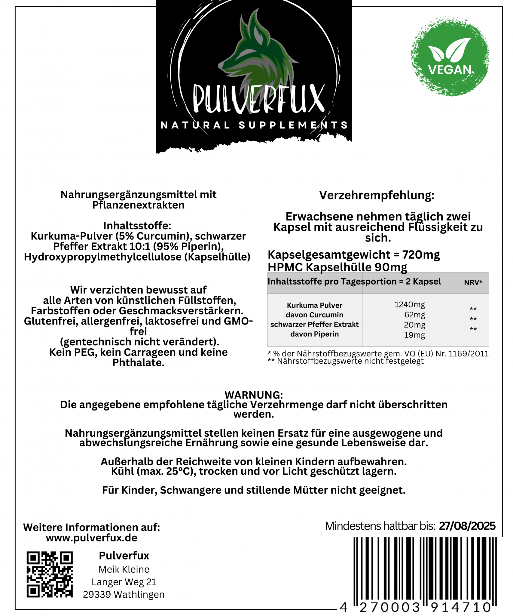 Pulverfux Curcuma Kapseln + Piperin 365 HPMC Kapseln 720mg - Pulverfux.de