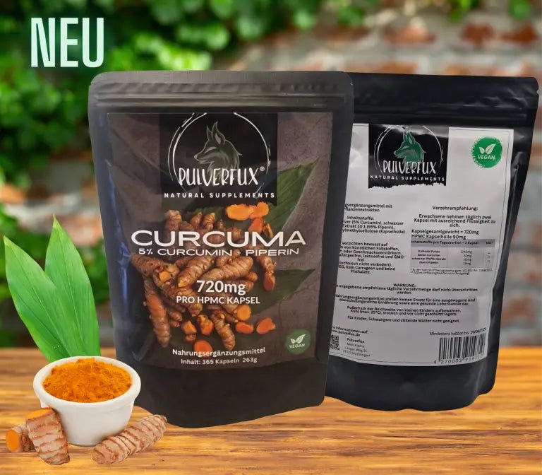 Pulverfux Curcuma Kapseln + Piperin 365 HPMC Kapseln 720mg - Pulverfux.de