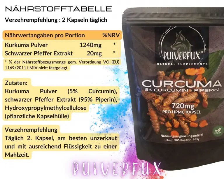 Pulverfux Curcuma Kapseln + Piperin 365 HPMC Kapseln 720mg - Pulverfux.de