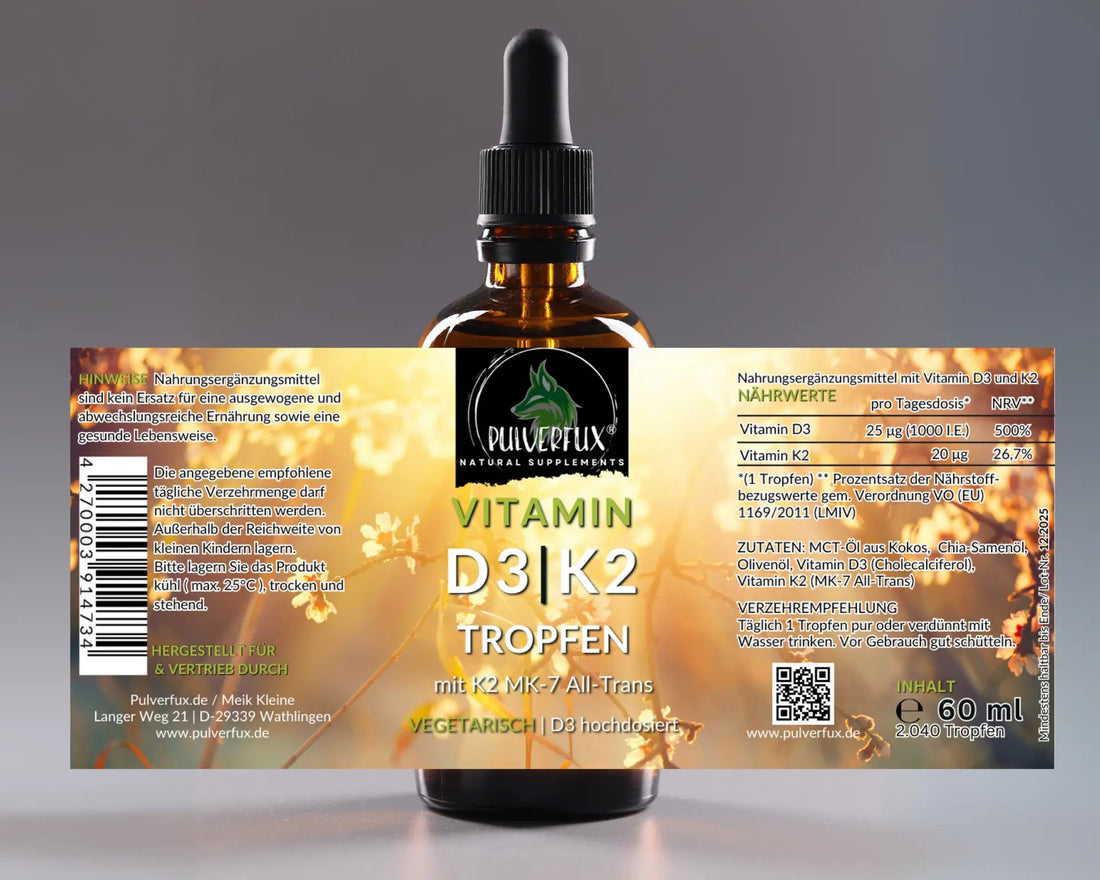 Pulverfux D3+K2 Tropfen mit MCT, Chia - Samen und Oliven - Öl 60ml - Pulverfux.de