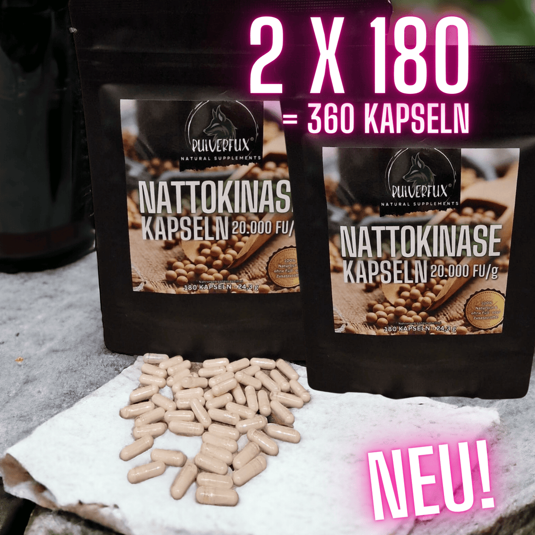 Pulverfux Nattokinase Kapseln 360 Kapseln á 100mg 2.000FU ohne Zusatz - oder Füllstoffe - Pulverfux.de