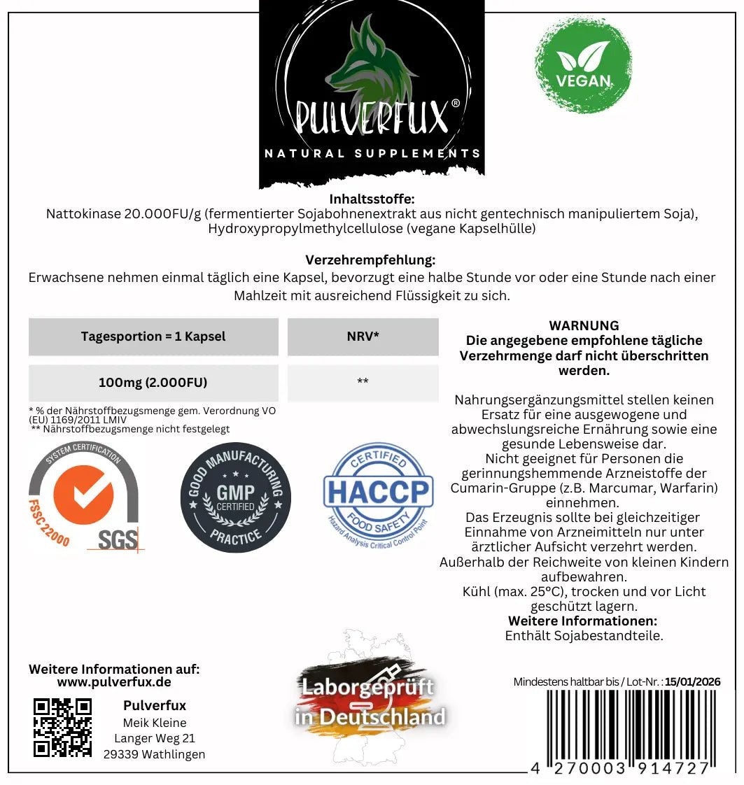 Pulverfux Nattokinase Kapseln 360 Kapseln á 100mg 2.000FU ohne Zusatz - oder Füllstoffe - Pulverfux.de