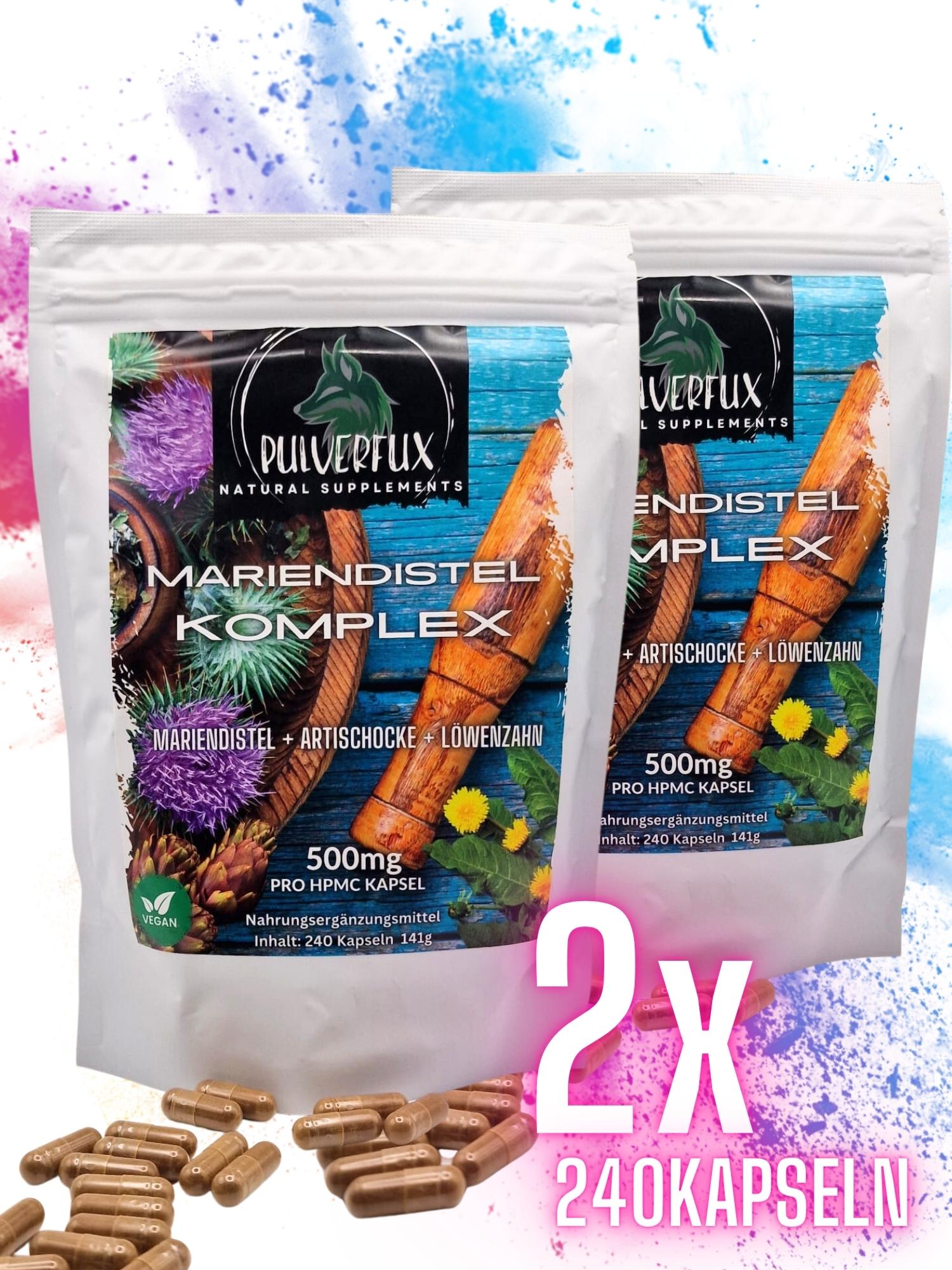 Pulverfux Sparpaket 2x Mariendistel Komplex mit Artischocke und Löwenzahn 2x 240 Kapseln - Pulverfux.de