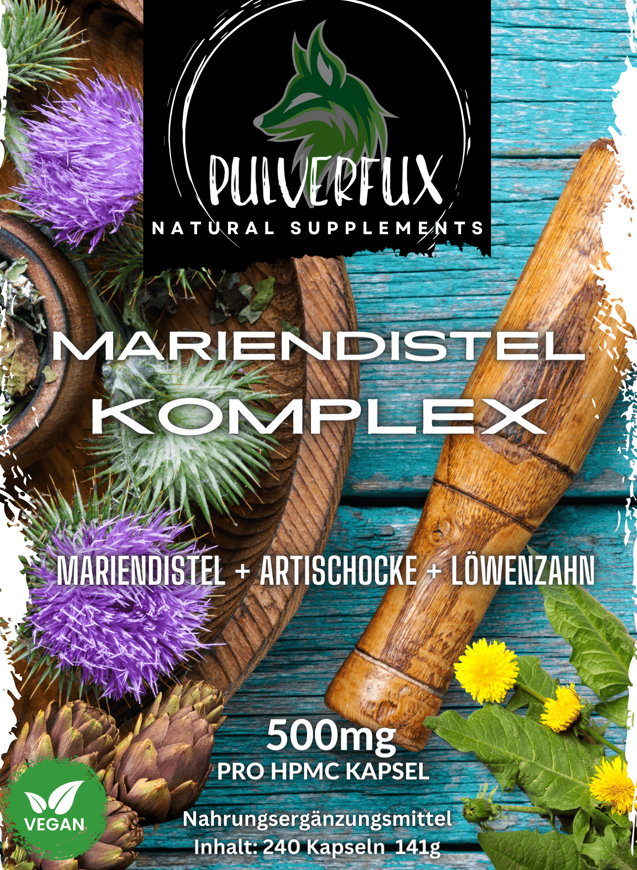 Pulverfux Sparpaket 2x Mariendistel Komplex mit Artischocke und Löwenzahn 2x 240 Kapseln - Pulverfux.de