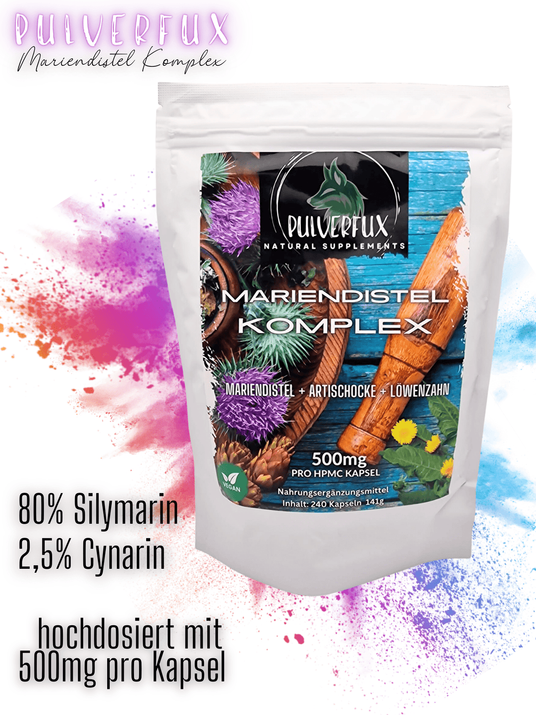 Pulverfux Sparpaket 2x Mariendistel Komplex mit Artischocke und Löwenzahn 2x 240 Kapseln - Pulverfux.de
