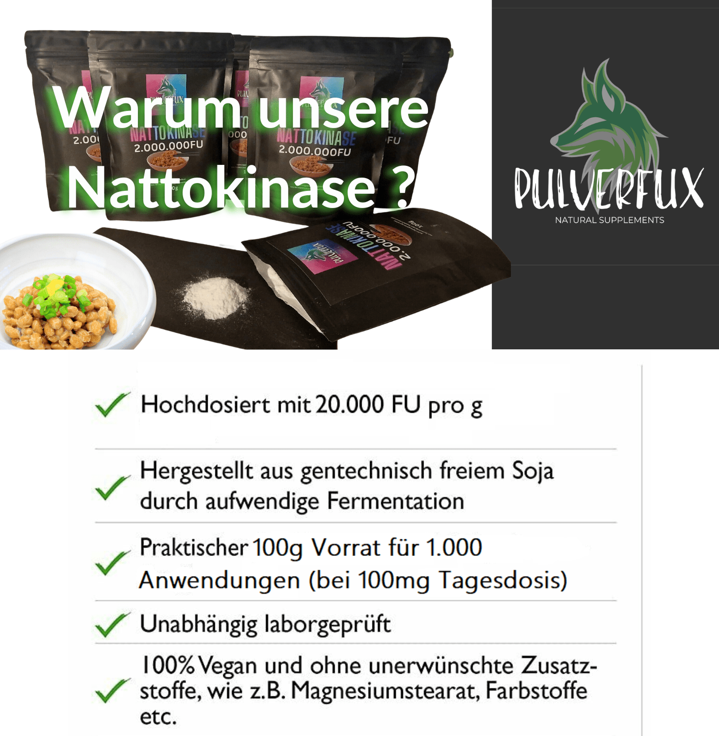 Super Sparpaket - Pulverfux Nattokinase - Pulver 4x 100g - Pulverfux.de