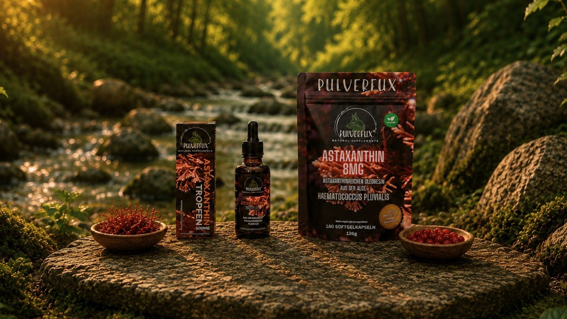 Astaxanthin Kapseln und Tropfen von Pulverfux aus Mikroalgen ohne Zusatzstoffe und laborgeprüfter Qualität
