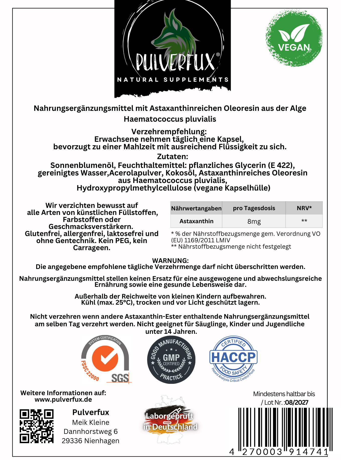 Astaxanthin Softgel Kapseln 8mg vegan  180 Stück