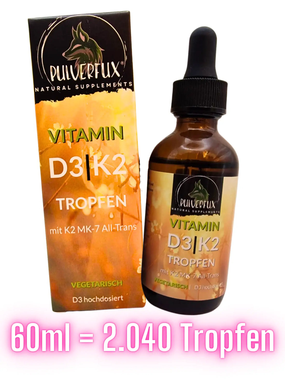 Pulverfux D3+K2 Tropfen mit MCT, Chia-Samen und Oliven-Öl 60ml