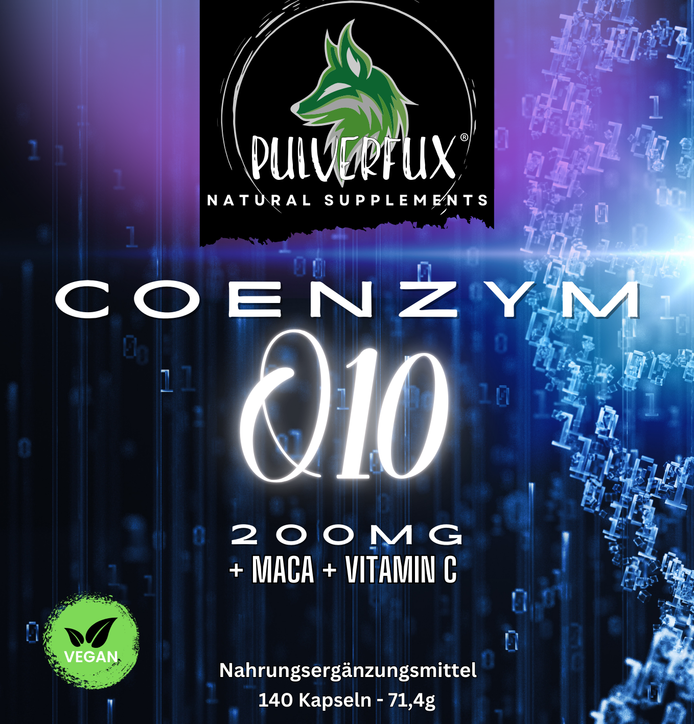 Pulverfux Coenzym Q10 (99% Ubichinon)+ Vitamin C + Maca 140 Kapseln