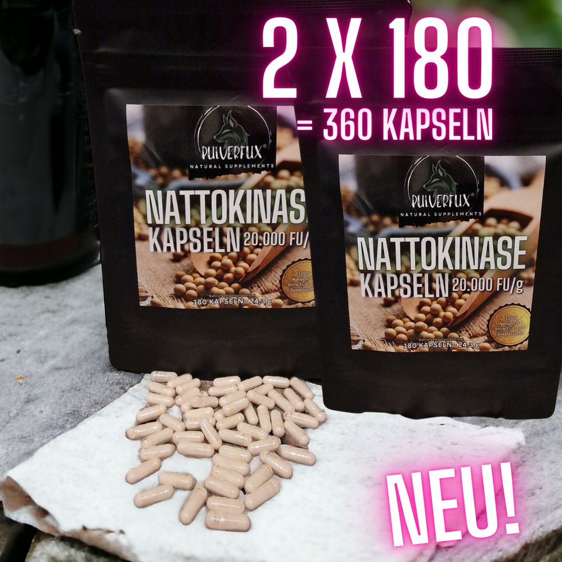 Pulverfux Nattokinase Kapseln 360 Kapseln á 100mg 2.000FU ohne Zusatz- oder Füllstoffe