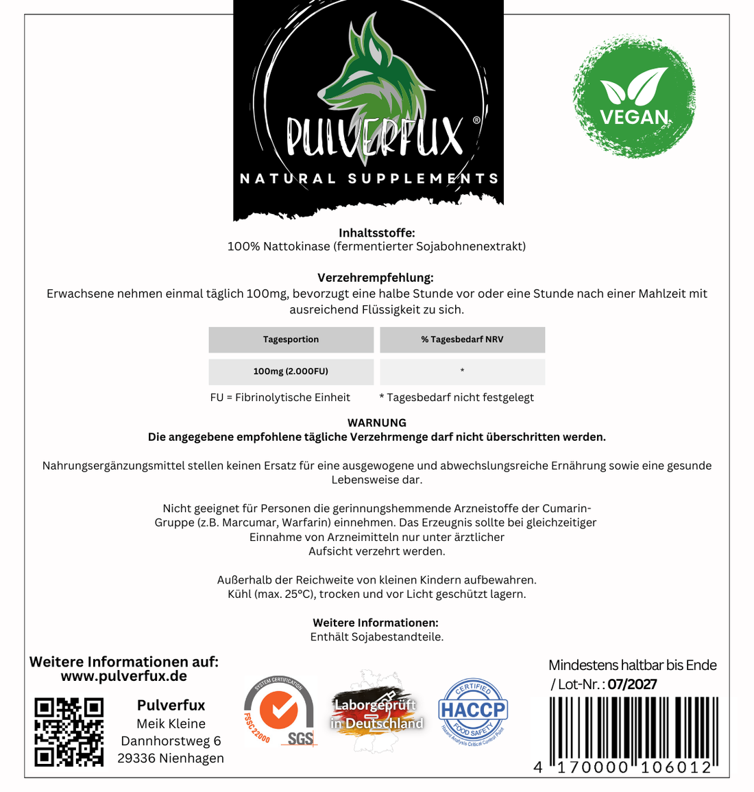 Pulverfux Nattokinase Kapseln 180 Kapseln á 100mg 2.000FU ohne Zusatz- oder Füllstoffe