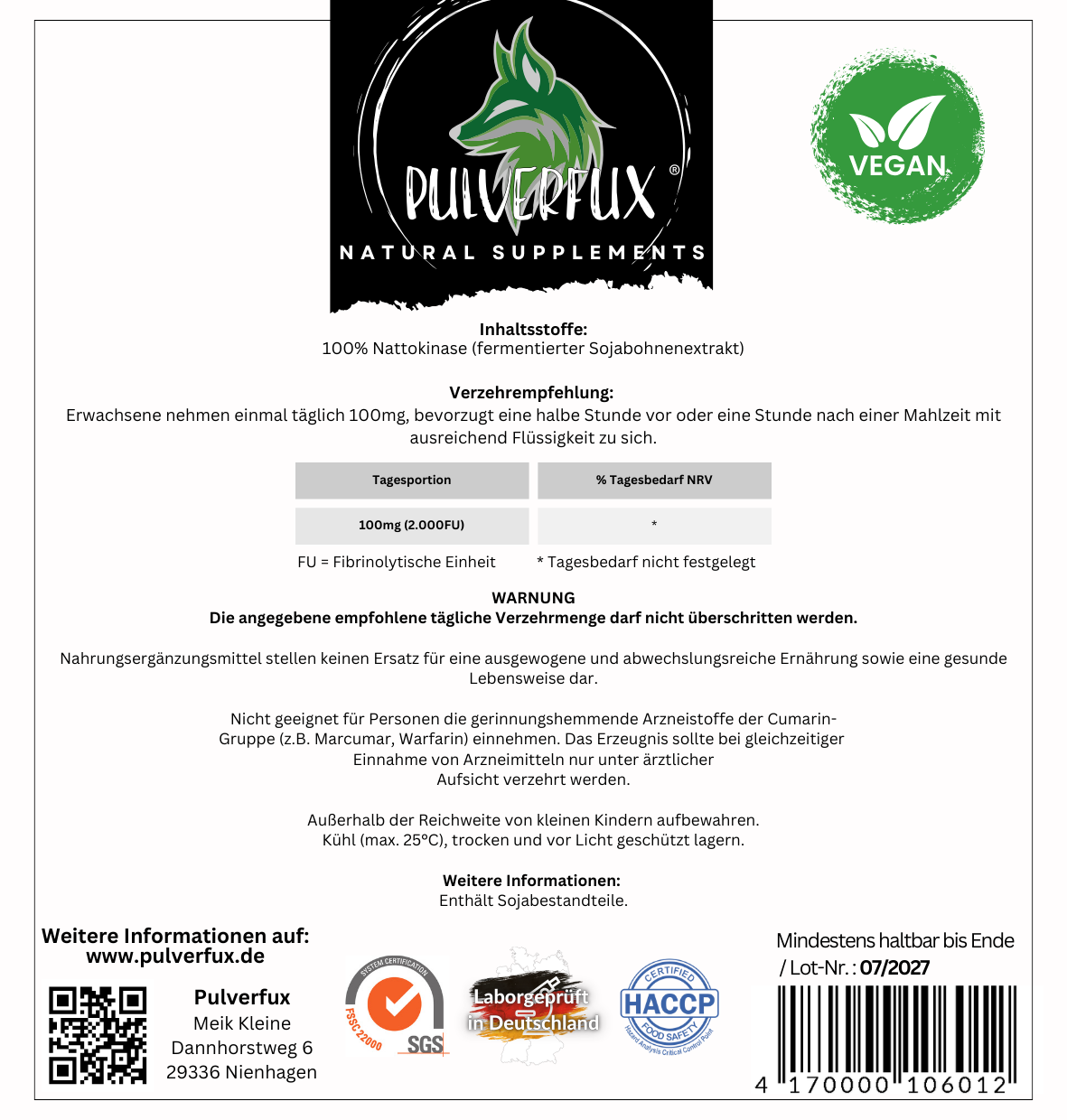 Pulverfux Nattokinase Kapseln 180 Kapseln á 100mg 2.000FU ohne Zusatz- oder Füllstoffe