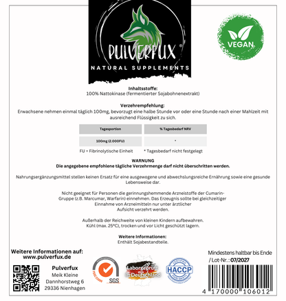 Pulverfux Nattokinase Kapseln 180 Kapseln á 100mg 2.000FU ohne Zusatz- oder Füllstoffe