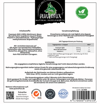 Pulverfux Coenzym Q10 (99% Ubichinon)+ Vitamin C + Maca 140 Kapseln