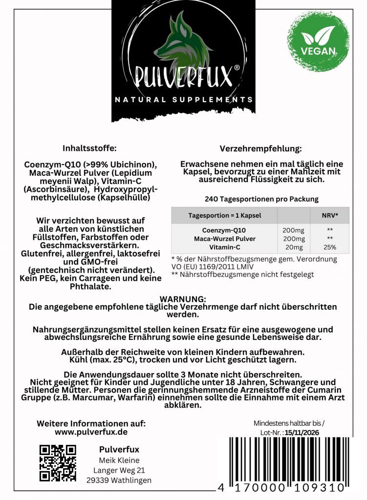 Pulverfux Coenzym Q10 (99% Ubichinon)+ Vitamin C + Maca 240 Kapseln