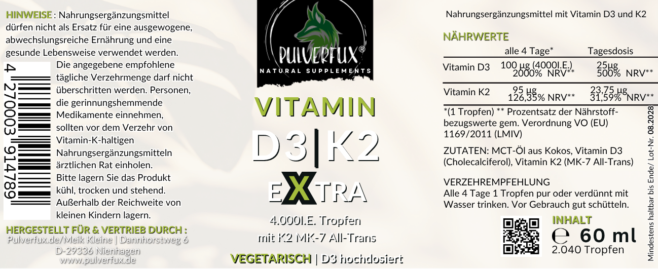 Pulverfux Vitamin D3 K2 Extra Tropfen 60ml 4.000I.E. pro Tropfen