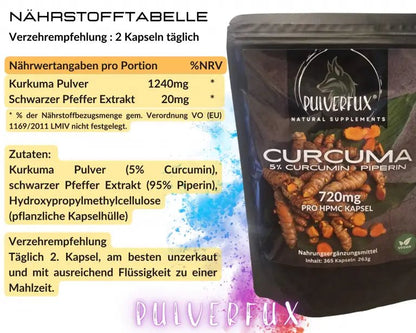 Pulverfux Curcuma Kapseln + Piperin 365 HPMC Kapseln 720mg - Pulverfux.de