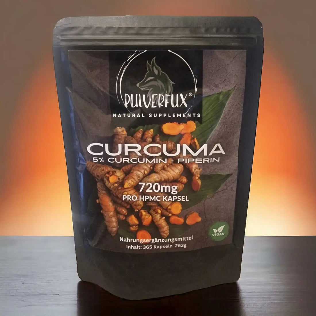 Pulverfux Curcuma Kapseln + Piperin 365 HPMC Kapseln 720mg - Pulverfux.de