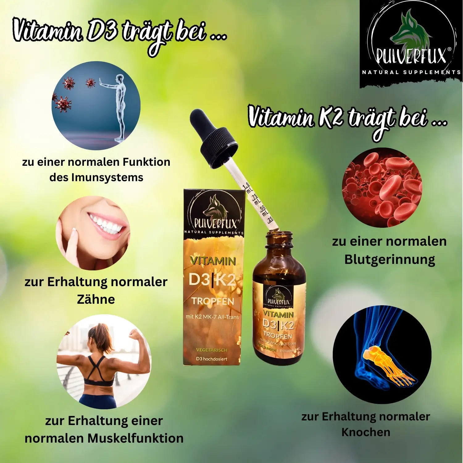 Pulverfux D3+K2 Tropfen mit MCT, Chia - Samen und Oliven - Öl 60ml - Pulverfux.de