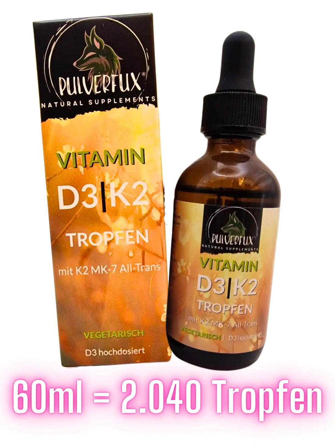 Pulverfux D3+K2 Tropfen mit MCT, Chia - Samen und Oliven - Öl 60ml - Pulverfux.de
