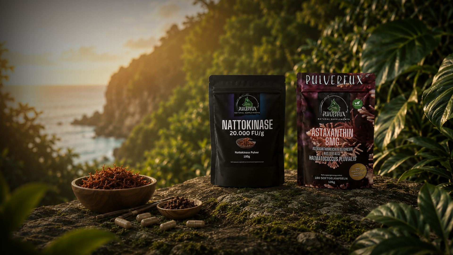 Pulverfux laborgeprüfte Nahrungsergänzungsmittel ohne Füllstoffe und Zusatzstoffe mit Astaxanthin Nattokinase Oreganoöl und veganem Omega 3