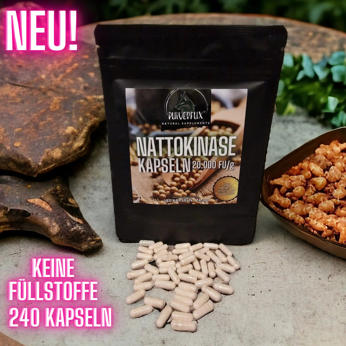 Pulverfux Nattokinase Kapseln 180 Kapseln á 100mg 2.000FU ohne Zusatz - oder Füllstoffe - Pulverfux.de