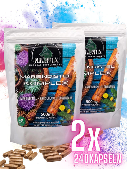 Pulverfux Sparpaket 2x Mariendistel Komplex mit Artischocke und Löwenzahn 2x 240 Kapseln - Pulverfux.de